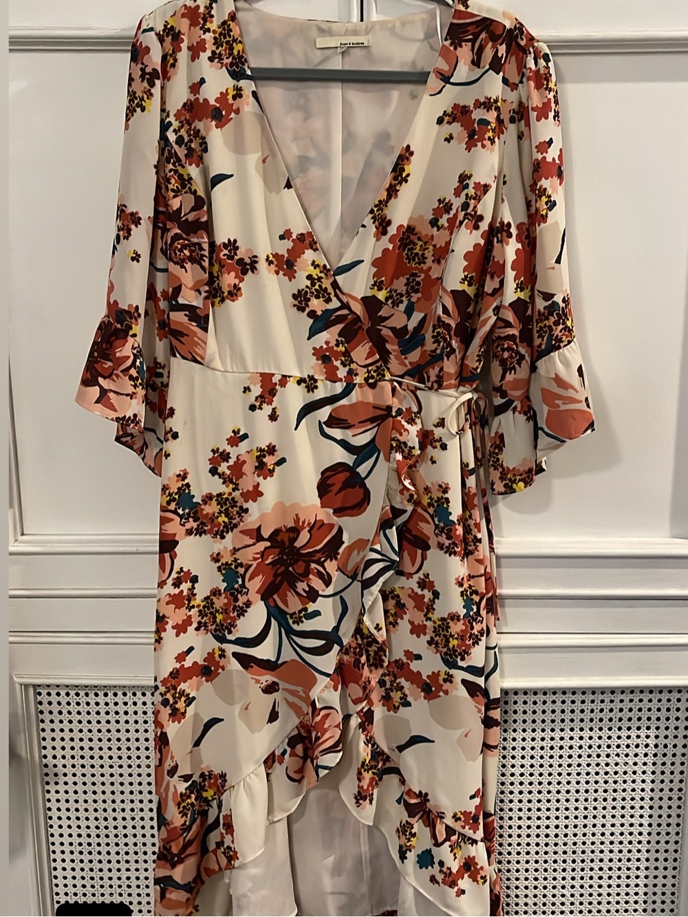 Floral Surplice Wrap Dress in Cream and Rust